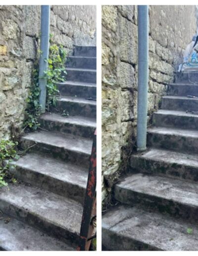 Avant après nettoyage mauvaises herbes escalier